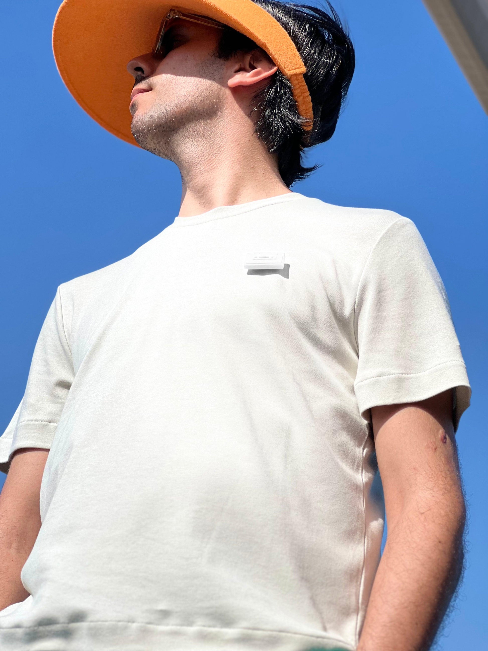 3D Printed White Cassette on Beige T-shirt