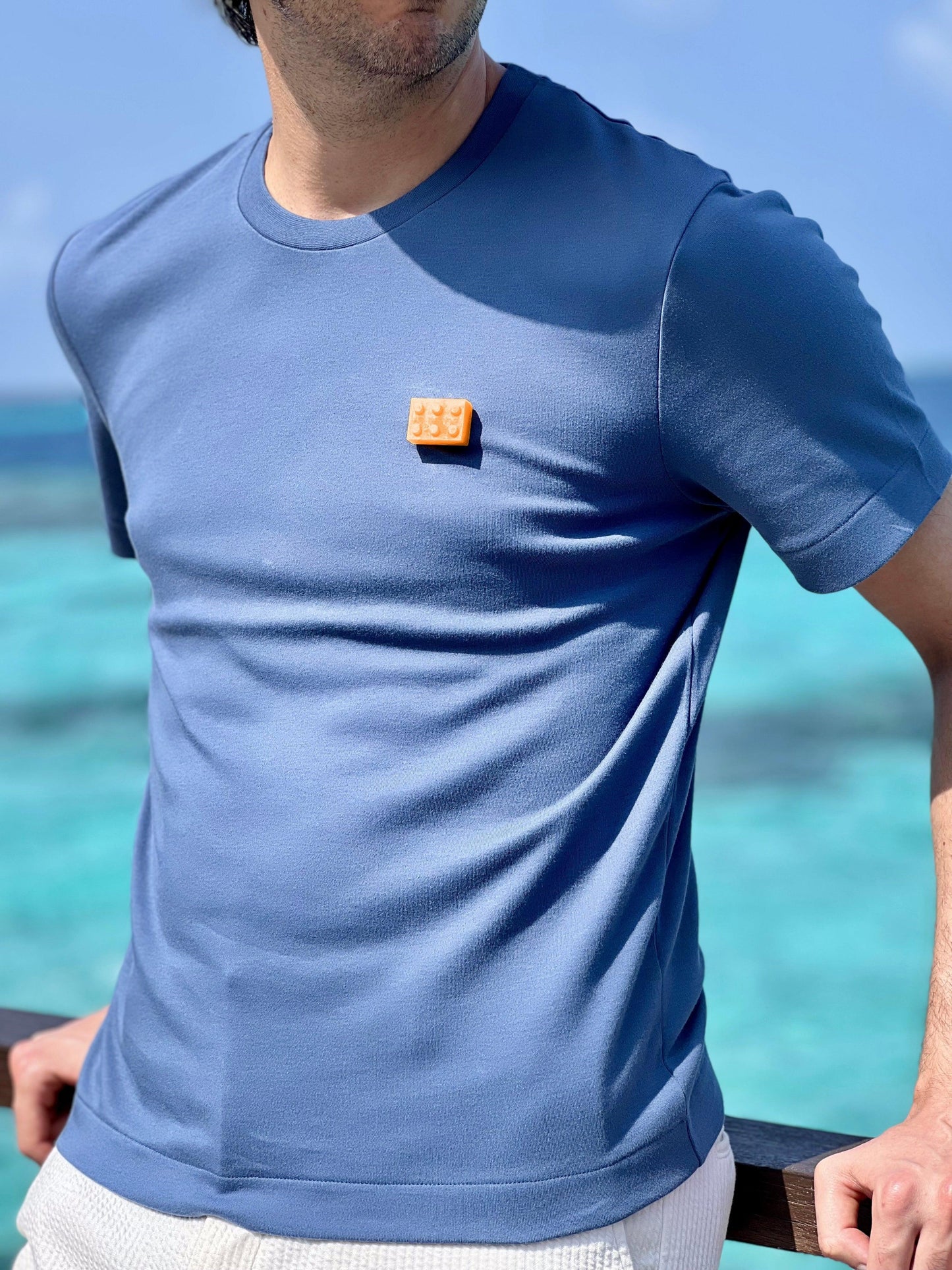 3D printed Orange Block on Blue T-shirt