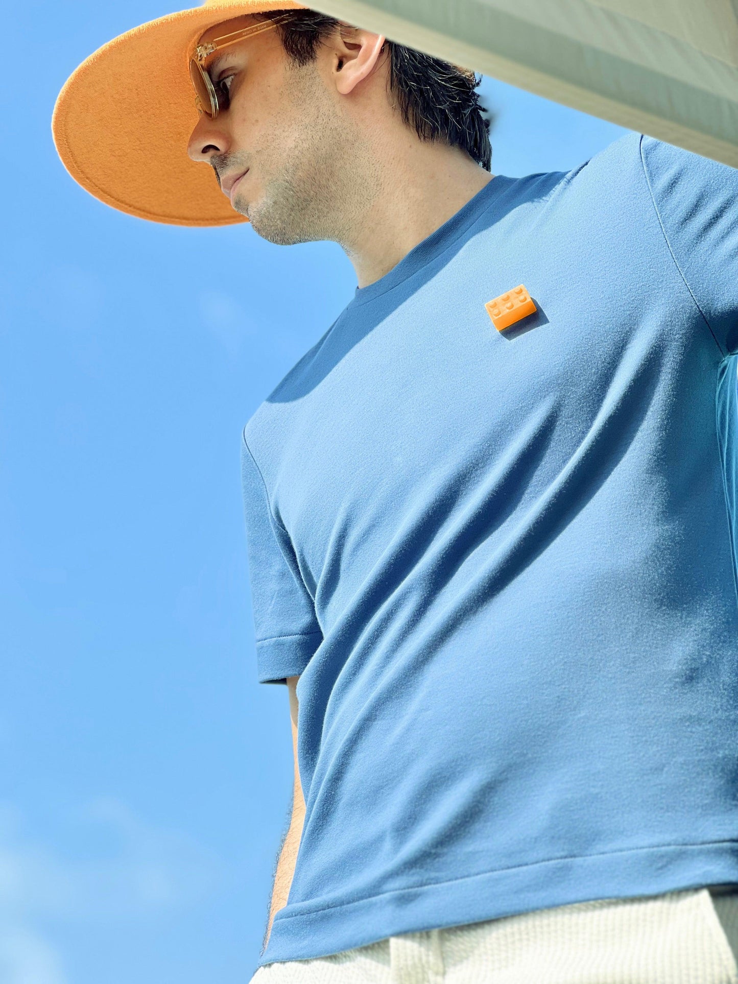 3D printed Orange Block on Blue T-shirt