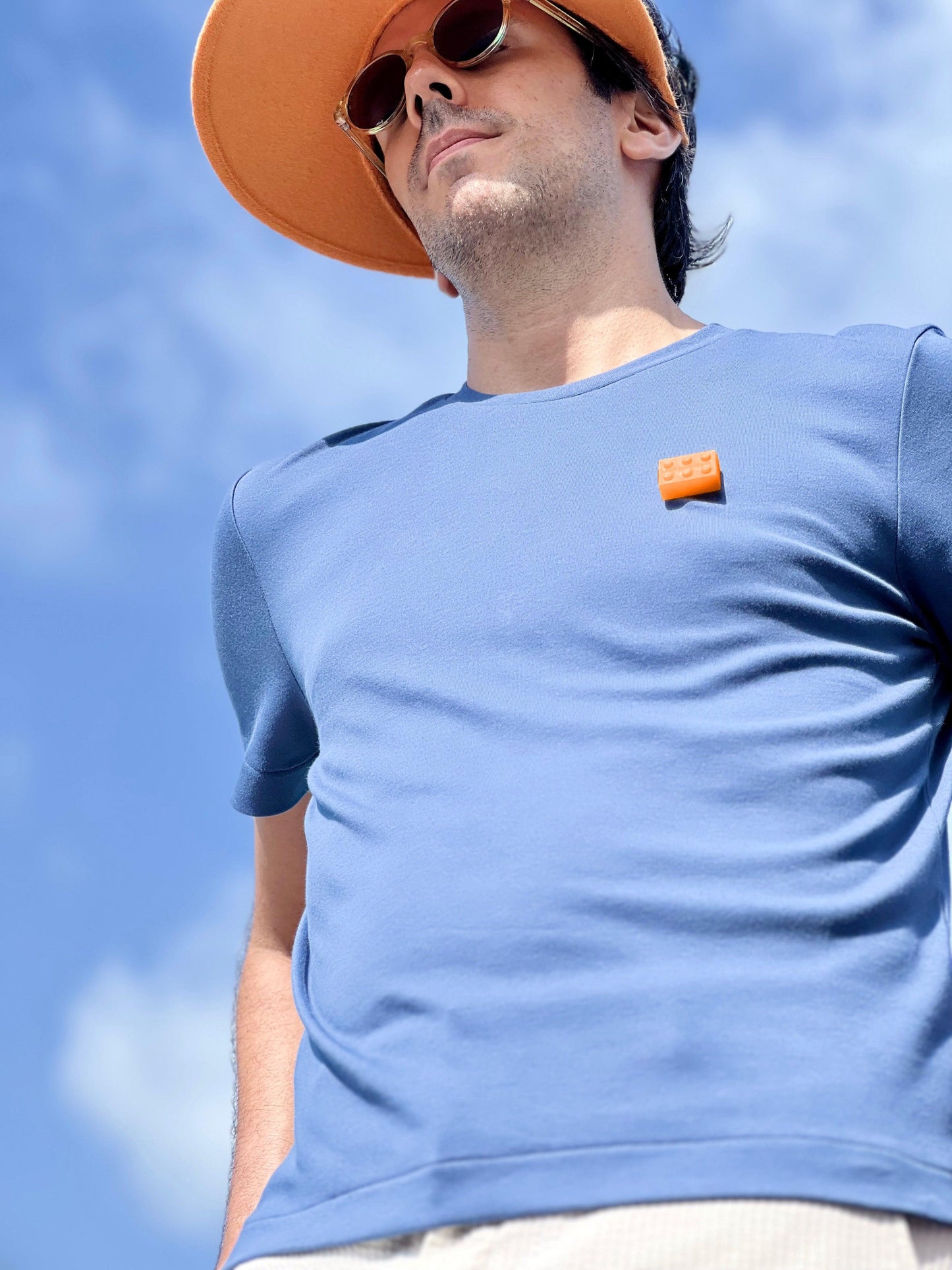 3D printed Orange Block on Blue T-shirt