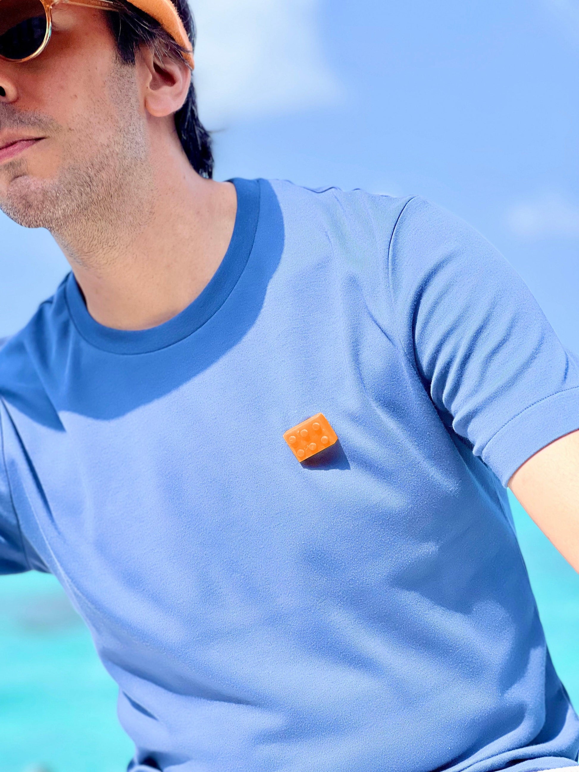 3D printed Orange Block on Blue T-shirt