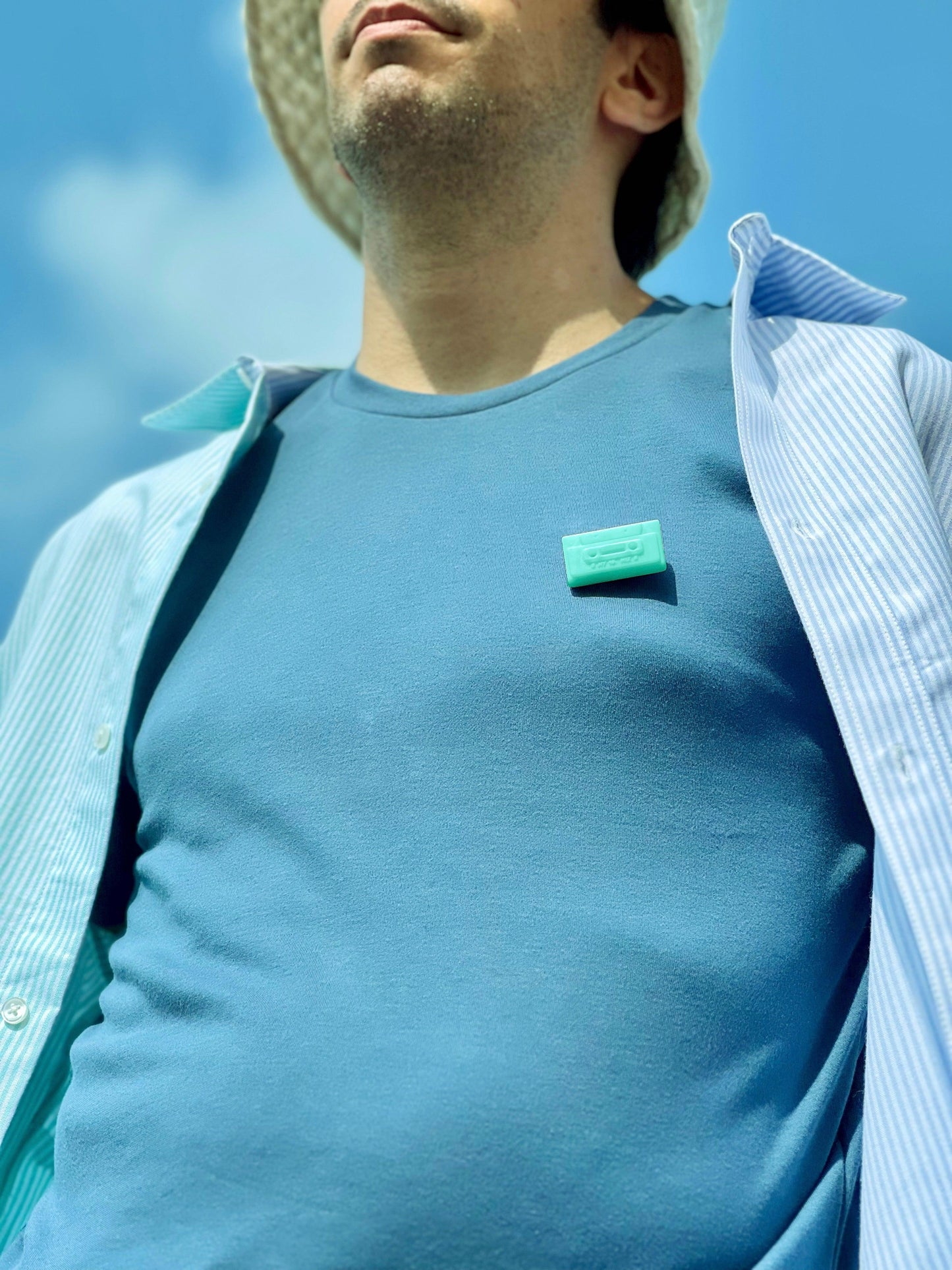 3D Printed Water Blue Cassette on Blue T-shirt